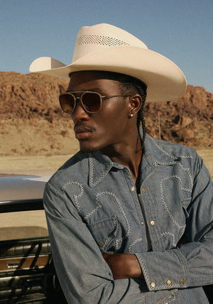 AUSTIN | Antique Gold Titanium + Brown Leather Handcrafted, luxury dark brown acetate and titanium aviator KREWE sunglasses mens model | Model: Anarcius