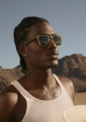 VINDEL | Matte Kombu Handcrafted, brown tortoise acetate square KREWE sunglasses mens model | Model: Anarcius
