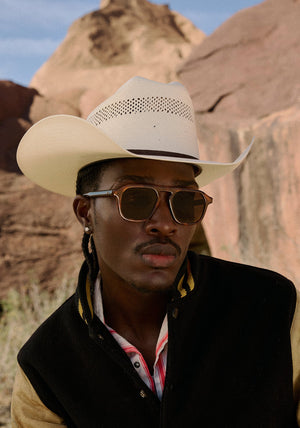 ZANDER | Havana Handcrafted, luxury dark brown tortoise acetate large rectangular aviator KREWE sunglasses mens model | Model: Anarcius