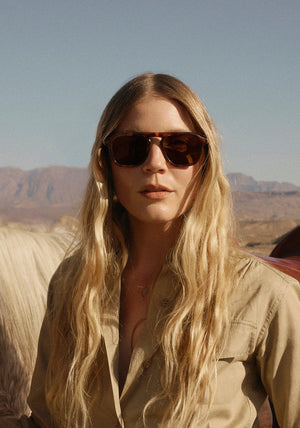 ZANDER | Havana Handcrafted, luxury dark brown tortoise acetate large rectangular aviator KREWE sunglasses womens model | Model: Tova