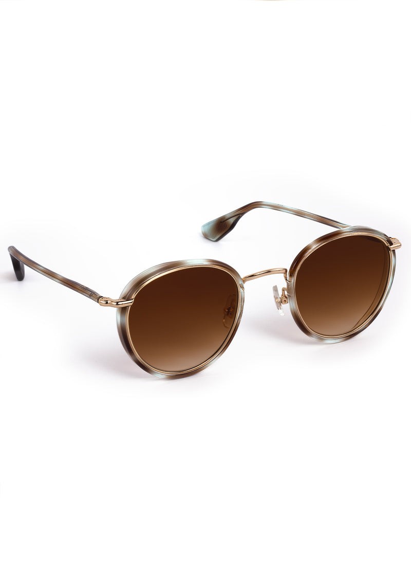 TATE | Aquamarine Tortoise 18K Handcrafted, luxury blue and brown tortoise acetate and stainless steel small round KREWE sunglasses 