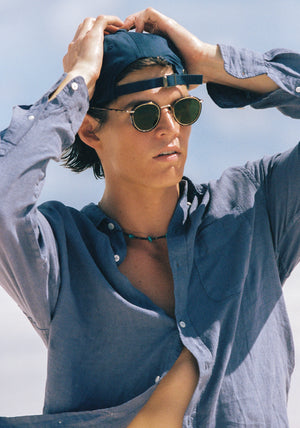 TATE | Havana 12K Polarized Handcrafted, luxury brown tortoise acetate and stainless steel small round KREWE sunglasses mens model | Model: Drew
