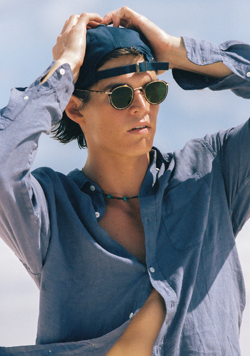 TATE | Havana 12K Polarized Handcrafted, luxury brown tortoise acetate and stainless steel small round KREWE sunglasses mens model | Model: Drew