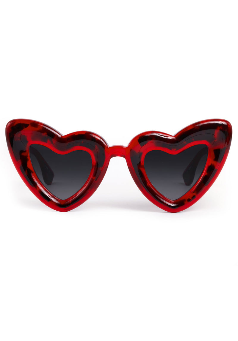 TEMPTRESS | Dirty Shirley Handcrafted, luxury red tortoise acetate oversized heart shaped Mardi Gras KREWE sunglasses