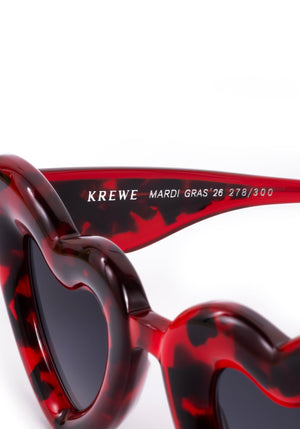 TEMPTRESS | Dirty Shirley Handcrafted, luxury red tortoise acetate oversized heart shaped Mardi Gras KREWE sunglasses