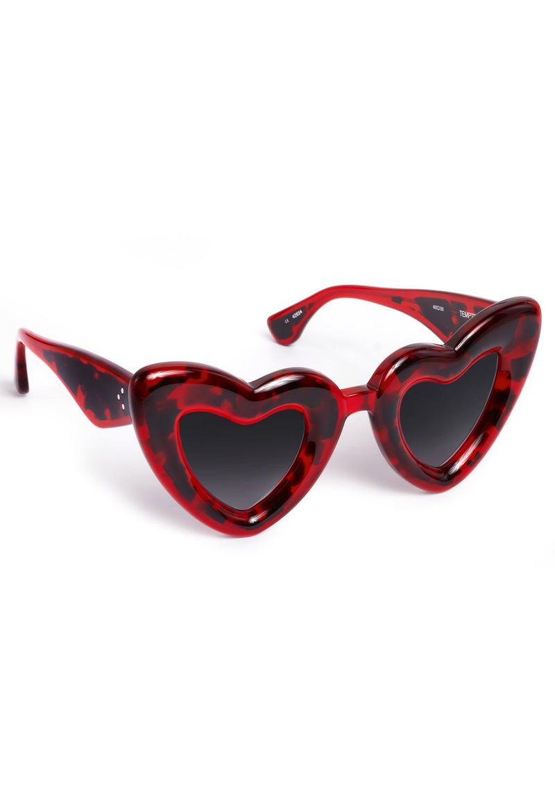 TEMPTRESS | Dirty Shirley Handcrafted, luxury red tortoise acetate oversized heart shaped Mardi Gras KREWE sunglasses