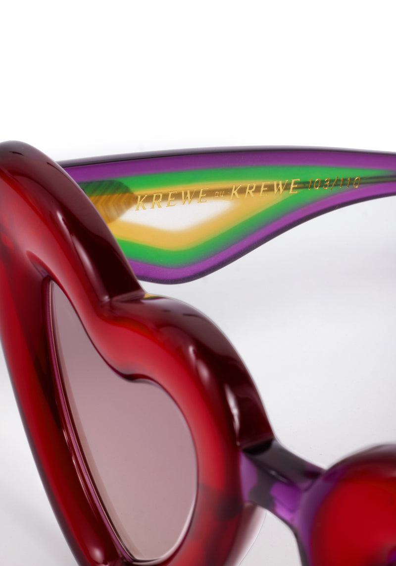 TEMPTRESS | Rouge + Royale Mirror Vanity (Float Edition) Handcrafted, luxury red acetate oversized heart shaped Mardi Gras KREWE sunglasses