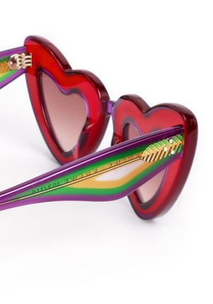 TEMPTRESS | Rouge + Royale Mirror Vanity (Float Edition) Handcrafted, luxury red acetate oversized heart shaped Mardi Gras KREWE sunglasses