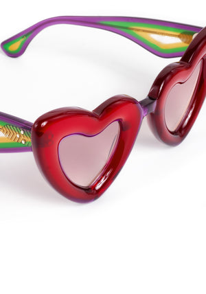 TEMPTRESS | Rouge + Royale Mirror Vanity (Float Edition) Handcrafted, luxury red acetate oversized heart shaped Mardi Gras KREWE sunglasses