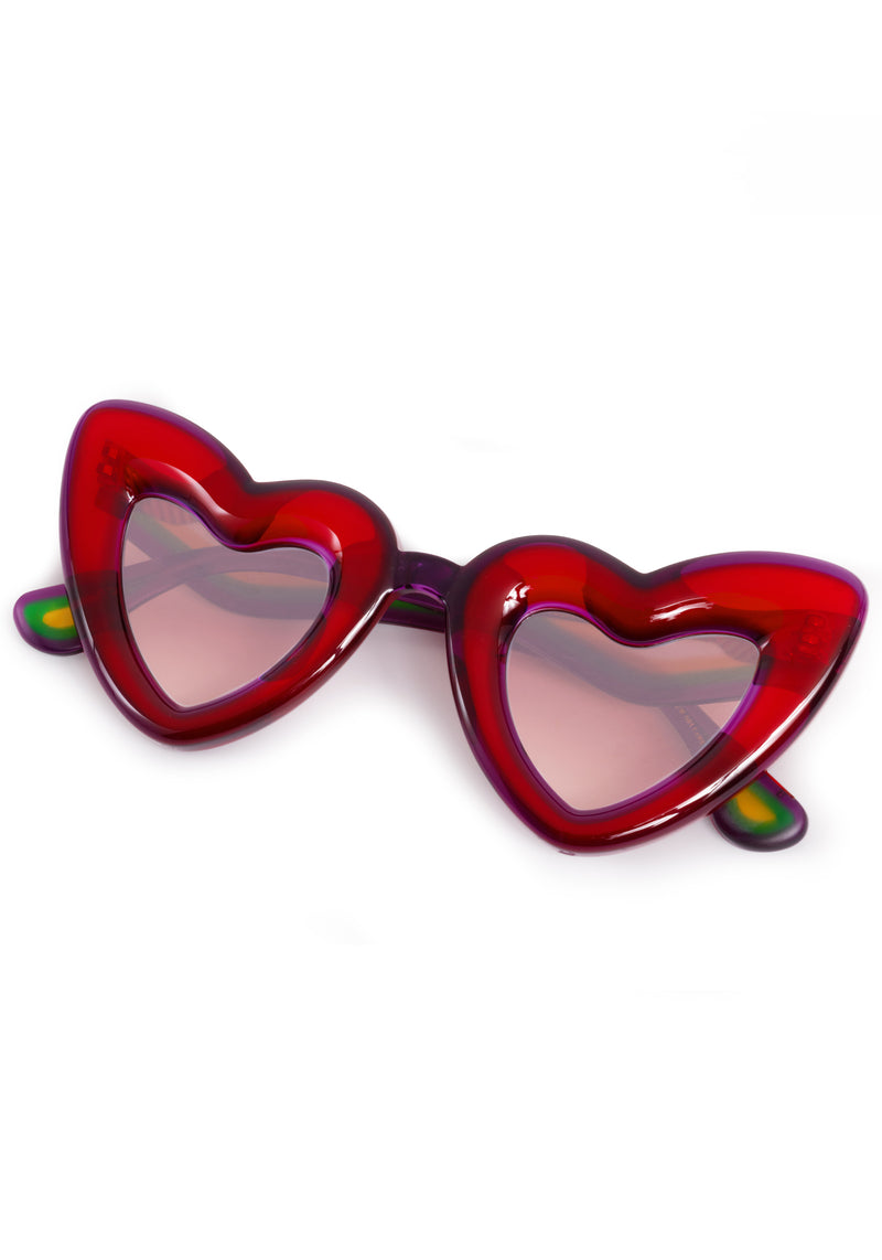 TEMPTRESS | Rouge + Royale Mirror Vanity (Float Edition) Handcrafted, luxury red acetate oversized heart shaped Mardi Gras KREWE sunglasses