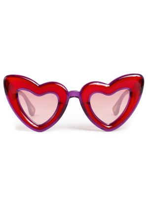 TEMPTRESS | Rouge + Royale Mirror Vanity (Float Edition) Handcrafted, luxury red acetate oversized heart shaped Mardi Gras KREWE sunglasses