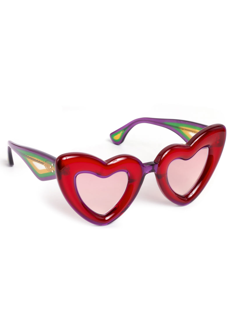 TEMPTRESS | Rouge + Royale Mirror Vanity (Float Edition) Handcrafted, luxury red acetate oversized heart shaped Mardi Gras KREWE sunglasses
