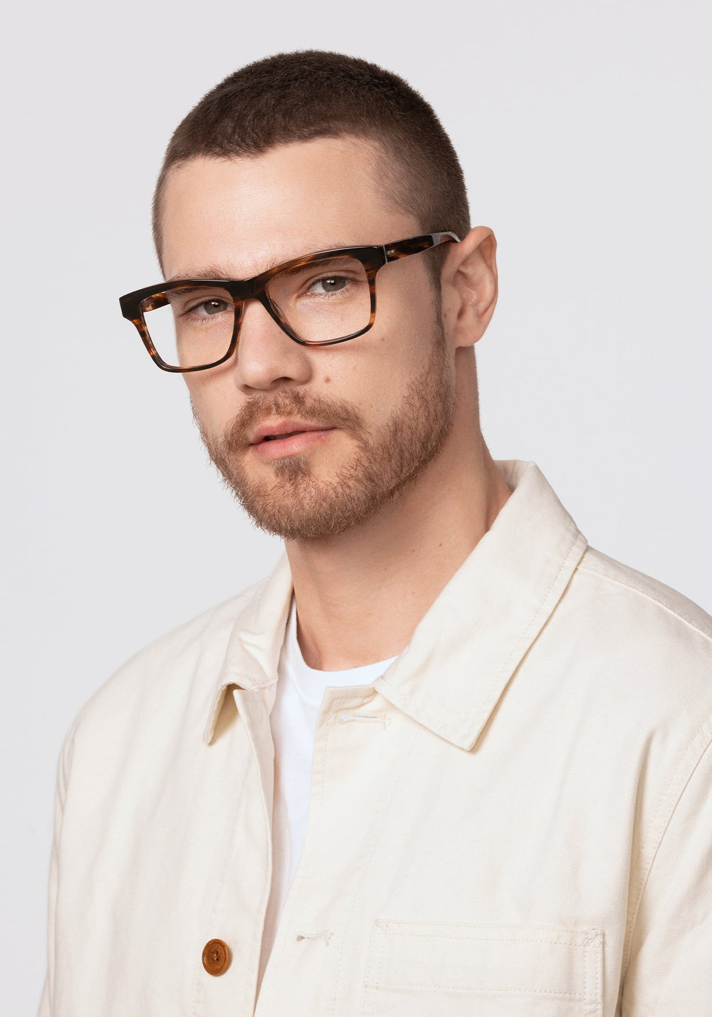 THEO | Hickory Handcrafted, luxury brown acetate oversized rectangular KREWE eyeglasses mens model | Model: David