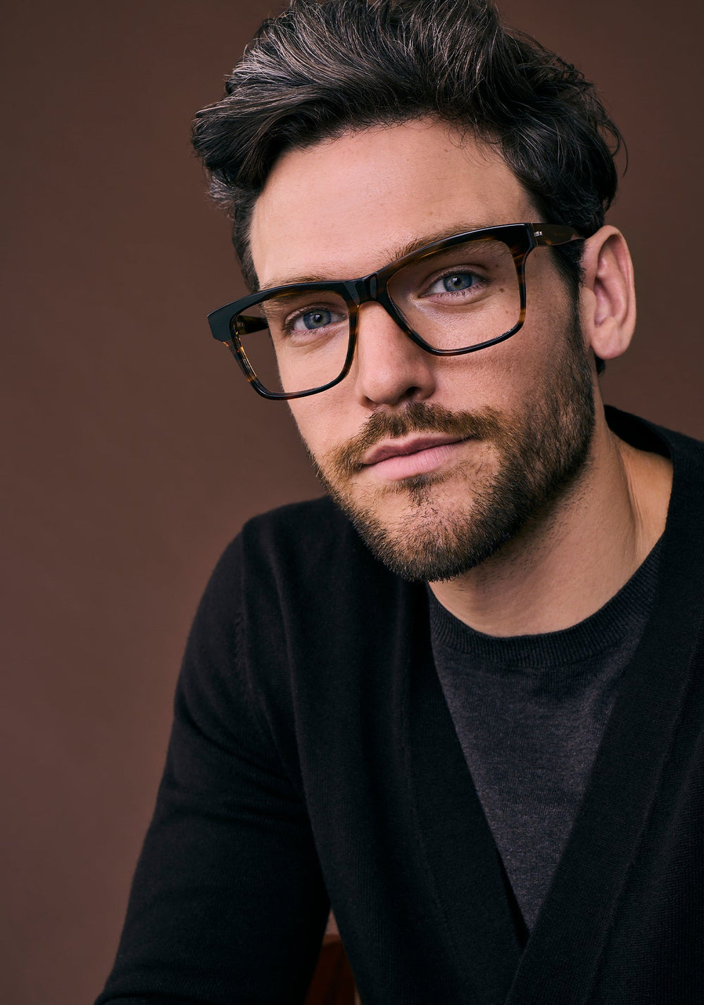 THEO | Hickory Handcrafted, luxury brown acetate oversized rectangular KREWE eyeglasses mens model campaign | Model: Jeff