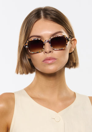 TOMMIE | Amalfi Handcrafted, multicolored acetate square rectangle KREWE sunglasses womens model | Model: Michelle