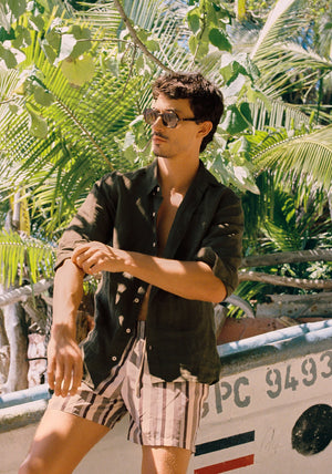 TOMMIE | Havana Polarized Handcrafted, dark brown tortoise acetate square rectangle polarized KREWE sunglasses mens model | Model: Jacob