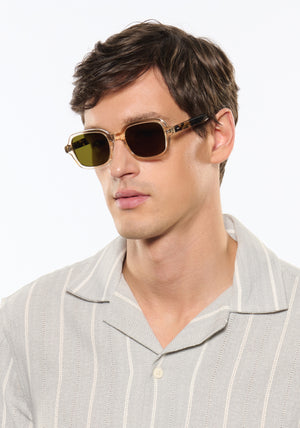 TOMMIE | Haze + Iberia Handcrafted, champagne pearlescent acetate square rectangle KREWE sunglasses mens model | Model: Jegor