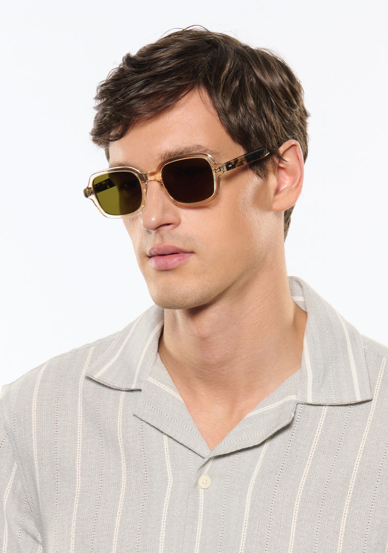 TOMMIE | Haze + Iberia Handcrafted, champagne pearlescent acetate square rectangle KREWE sunglasses mens model | Model: Jegor