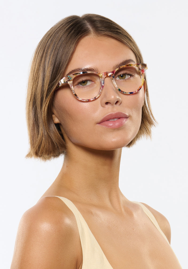 TUCKER | Gelato Handcrafted, luxury colorful acetate average fit square KREWE eyeglasses womens model | Model: Michelle