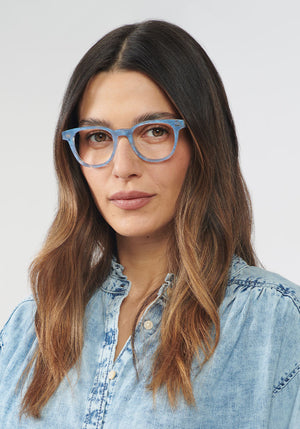 KREWE - Limited Edition Designer Eyeglasses - TUCKER | Opaline Handcrafted, luxury custom blue acetate eyeglasses. Similar to Oliver Peoples eyeglasses, moscot eyeglasses, warby parker eyeglasses womens model | Model: Olga