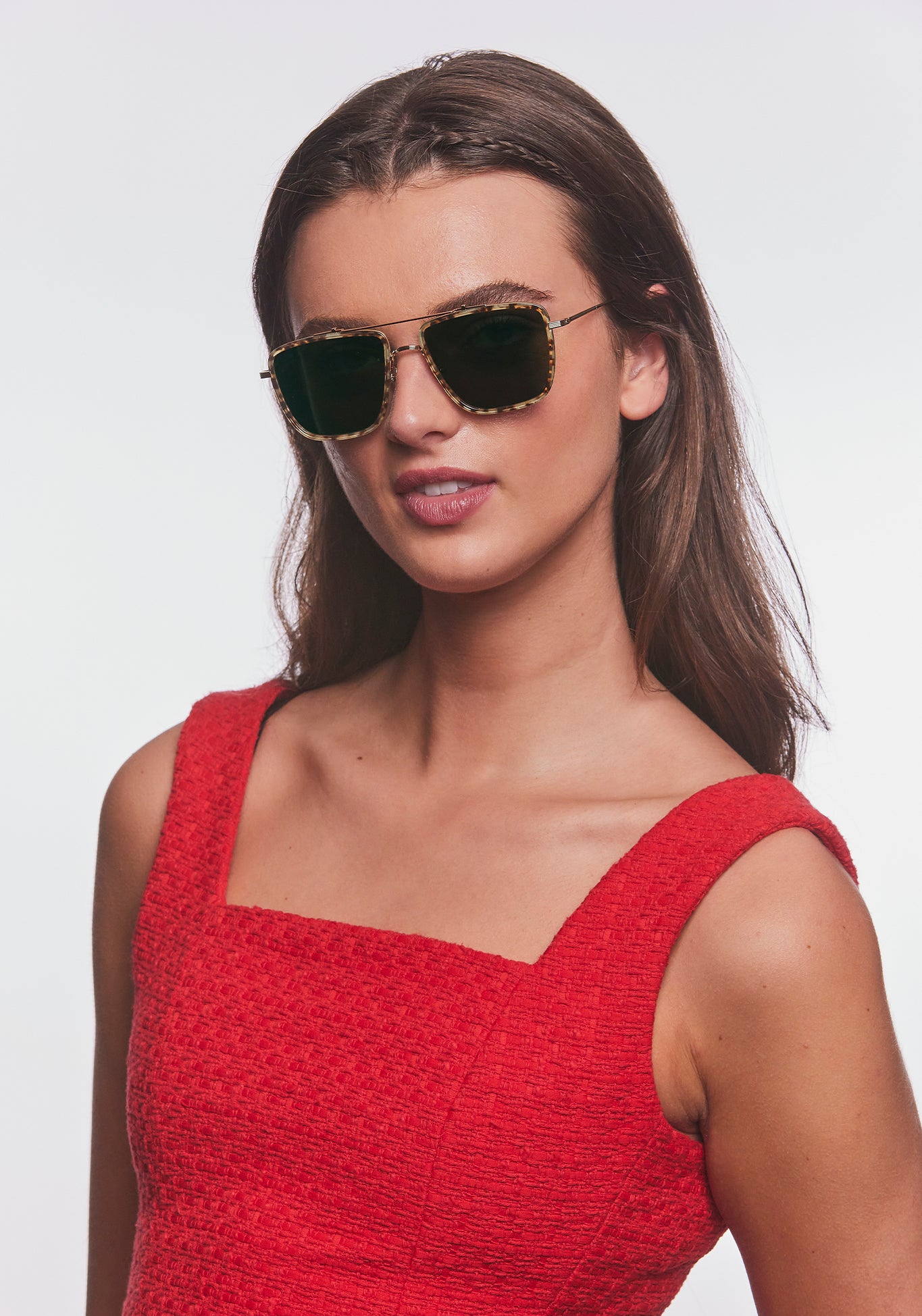 VAIL | 12K Titanium + Esox Handcrafted, luxury brown tortoise acetate and stainless steel square oversized aviator KREWE sunglasses womens model | Model: Bentley