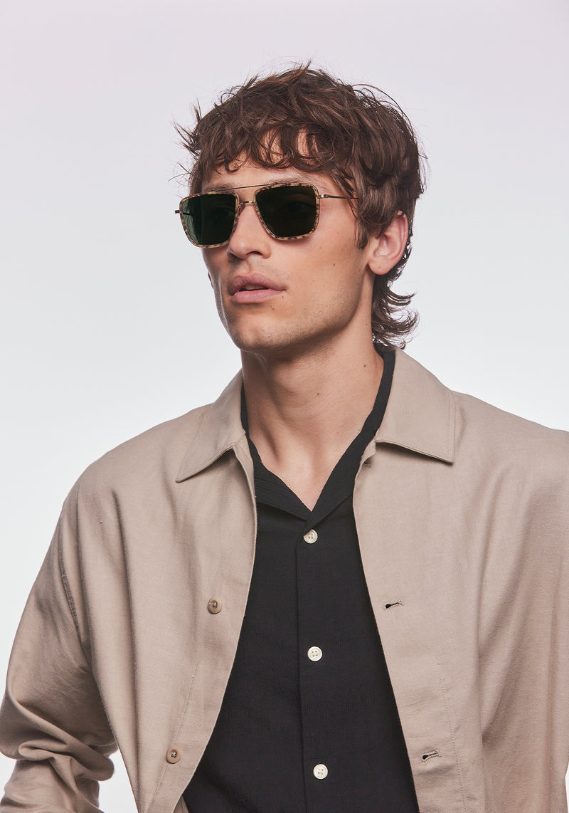 VAIL | 12K Titanium + Esox Handcrafted, luxury brown tortoise acetate and stainless steel square oversized aviator KREWE sunglasses mens model | Model: Cameron