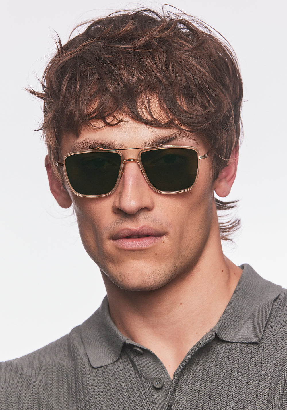 VAIL | 18K Titanium + Haze Polarized Handcrafted, luxury acetate and gold plated stainless steel square oversized aviator polarized KREWE sunglasses mens model | Model: Cameron