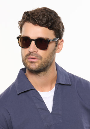 VINDEL | English Oak Polarized Handcrafted, brown tortoise acetate square KREWE sunglasses  mens model | Model: Ryan A.