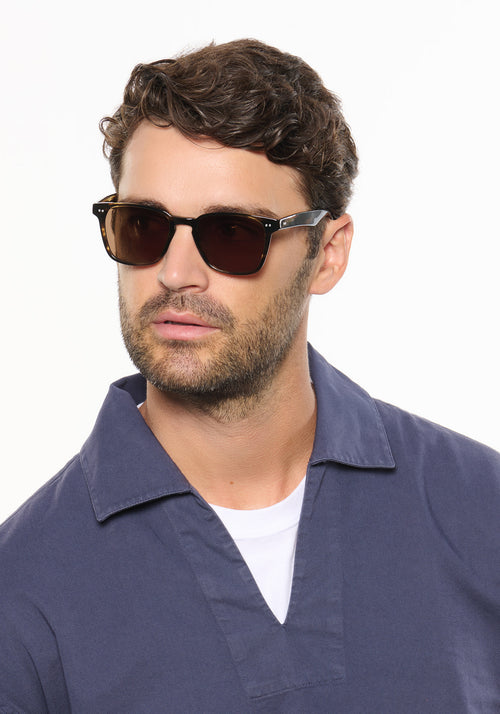 VINDEL | English Oak Polarized Handcrafted, brown tortoise acetate square KREWE sunglasses  mens model | Model: Ryan A.
