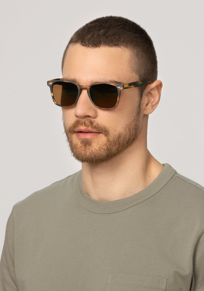 KREWE VINDEL | Matte Hickory Polarized Handcrafted, luxury designer brown acetate classic sunglasses mens model | Model: David