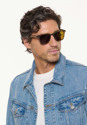VINDEL | Matte Kombu Handcrafted, brown tortoise acetate square KREWE sunglasses mens model | Model: Ryan