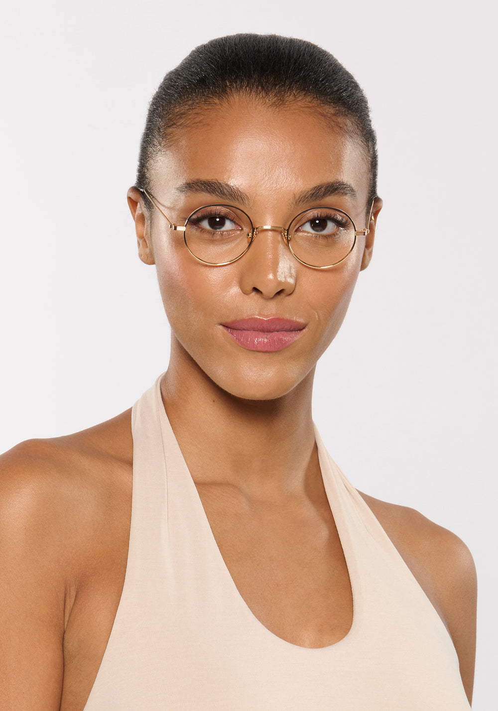 VIRGIL | 18K Matte Black Fade Titanium Handcrafted, luxury 18K black gold metal round KREWE eyeglasses womens model | Model: Sasha