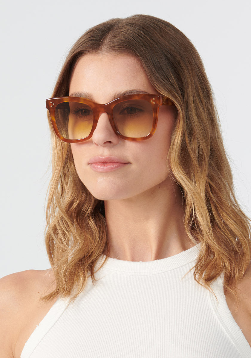 KREWE - ADELE | Amaro + Custom Vanity Tint Handcraafted, luxury oversized orange sunglasses with custom orange tinted lenses womens model | Model: Keke