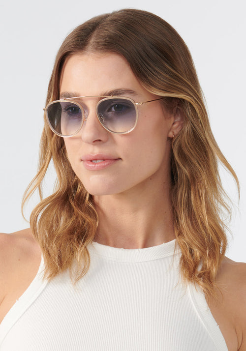 KREWE SUNGLASSES - CHARTRES | Crystal 24K + Custom Vanity Tint Handrafted, luxury 24k gold plated aviators with custom blue gradient tinted lenses womens model | Model: Keke