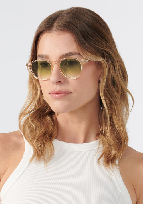 KREWE SUNGLASSEES - LANDRY | Haze + Custom Vanity Tint handcrafted, luxury yellow sunglasses with custom green gradient tinted lenses womens model | Model: Keke