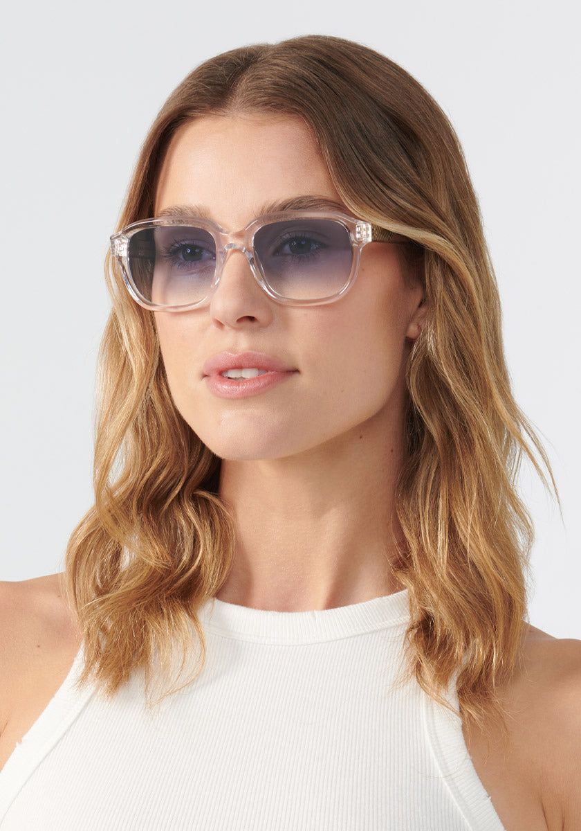 KREWE GLASSES - NEVILLE | Crystal + Custom Vanity Tint handcrafted, luxury clear square eyeglasses with blue tinted lenses womens model | Model: Keke