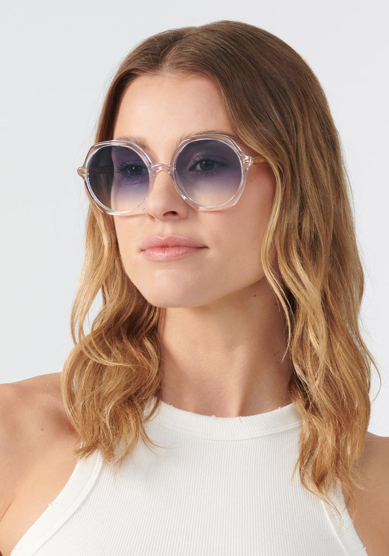 KREWE SUNGLASSES - SOPHIA | Crystal + Custom Vanity Tint handcrafted, luxury oversized round sunglasses with blue tinted lenses womens model | Model: Keke