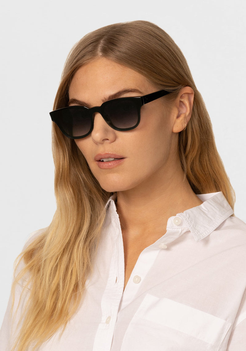 WEBSTER NYLON | Black + Shadow Handcrafted, Luxury Black Acetate KREWE Sunglasses womens model | Model: Maritza