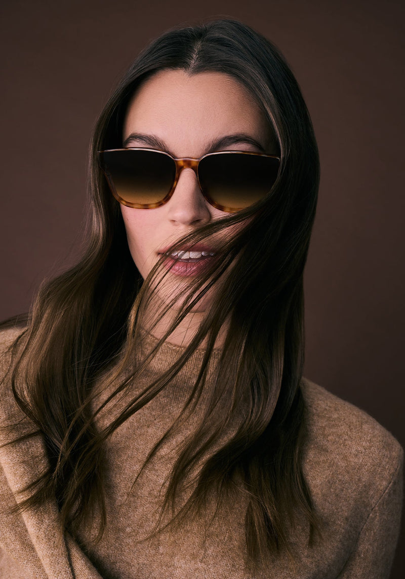 WEBSTER NYLON | Amaretto Handcrafted, luxury brown checkered acetate square nylon lens KREWE sunglasses womens model campaign | Model: Eliza