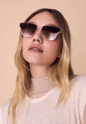 WEBSTER NYLON | Blonde Handcrafted, luxury tan acetate square nylon lens KREWE sunglasses womens model campaign | Model: Juliette
