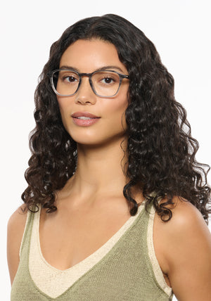 WYATT | Birch Handcrafted luxury grey tortoise acetate square KREWE eyeglasses womens model | Model: Jessika
