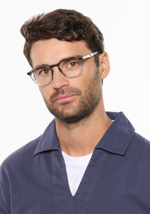 WYATT | Birch Handcrafted luxury grey tortoise acetate square KREWE eyeglasses mens model | Model: Ryan A.