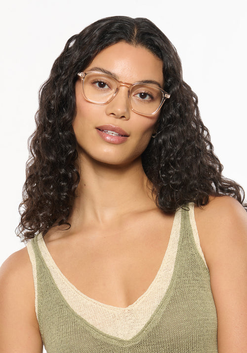 WYATT | Buff Handcrafted luxury clear acetate square KREWE eyeglasses womens model | Model: Jessika