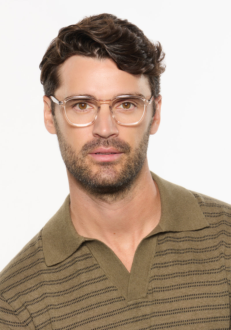 WYATT | Buff Handcrafted luxury clear acetate square KREWE eyeglasses mens model | Model: Ryan A.