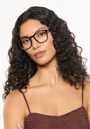 WYATT | Patagonian Handcrafted luxury brown tortoise acetate square KREWE eyeglasses womens model | Model: Jessika