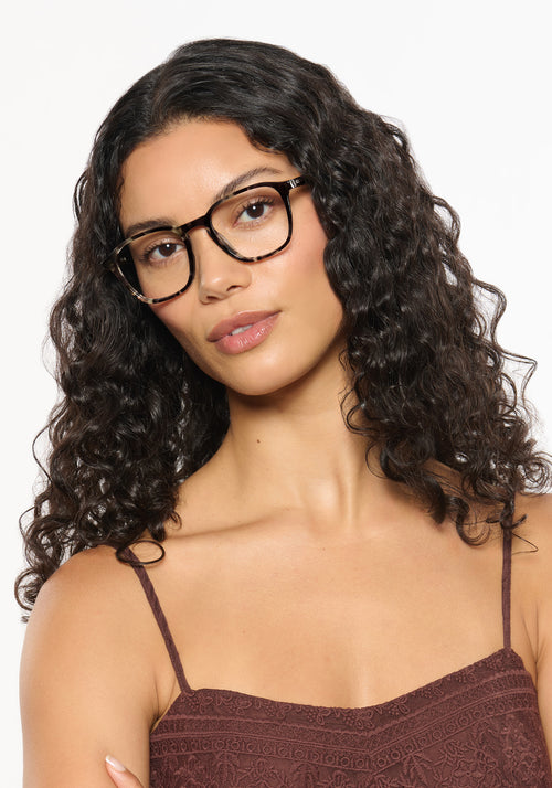 WYATT | Patagonian Handcrafted luxury brown tortoise acetate square KREWE eyeglasses womens model | Model: Jessika