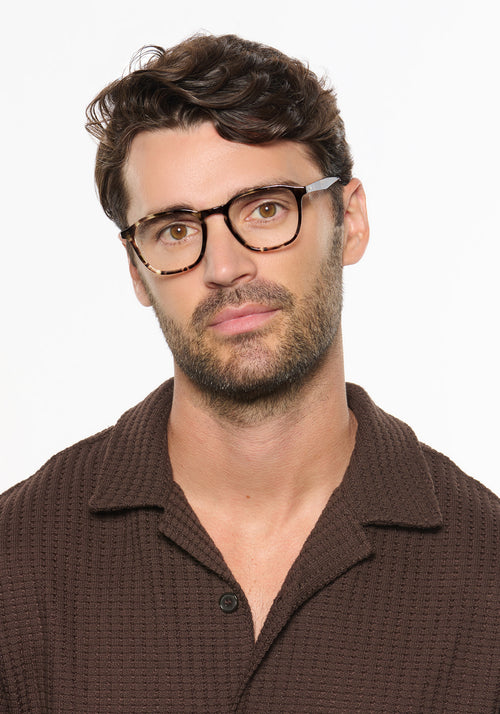WYATT | Patagonian Handcrafted luxury brown tortoise acetate square KREWE eyeglasses mens model | Model: Ryan A.