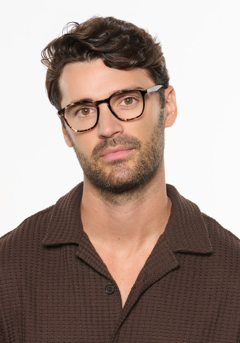WYATT | Patagonian Handcrafted luxury brown tortoise acetate square KREWE eyeglasses mens model | Model: Ryan A.
