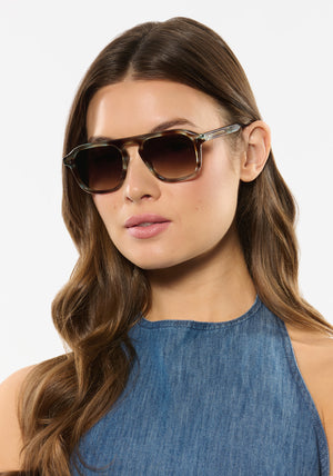 ZANDER | Aquamarine Tortoise Handcrafted, luxury blue and brown tortoise acetate large rectangular aviator KREWE sunglasses womens model | Model: Kennidy