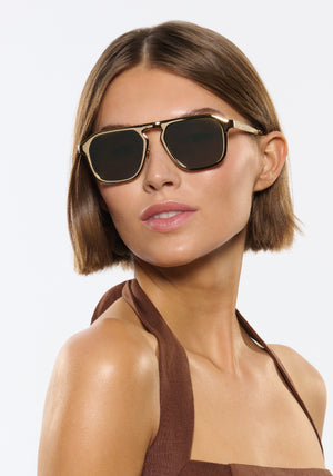 ZANDER CHROMA | 12K Chroma + Havana Handcrafted, luxury gold polished chrome stainless steel large square aviator KREWE sunglasses womens model | Model: Michelle